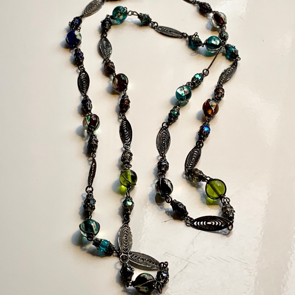 Vintage Czech Wire Work Art Glass Beaded Necklace